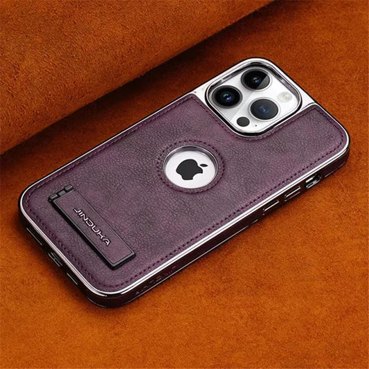 Luxury Plating Bumper Leather Folding Kickstand Phone Case for Iphone 16 15 11 12 13 14 Pro Max plus Slim Metal Holder Cover
